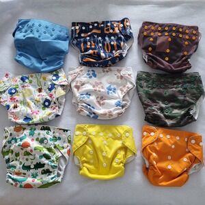 9 pc Lot Reusable Diaper Covers Various Prints Brands Adjustable Snap Close Boys